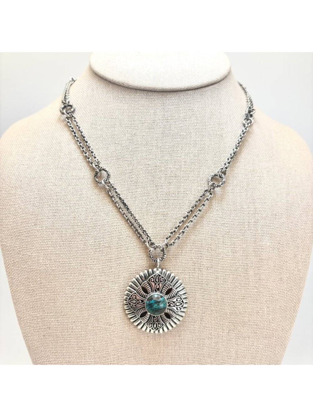 Turquoise Bezel Set Circle Pendant Necklace Sterling Silver 925 Size 18" Length